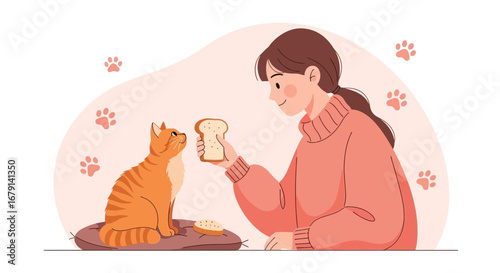 Woman Offering Bread To Cute Ginger Cat, Playful And Heartwarming Scene