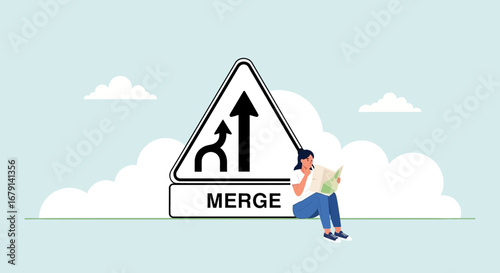 Woman Observing Map Near Merge Sign, Cloudscape, Navigation, and Decisive Decisions