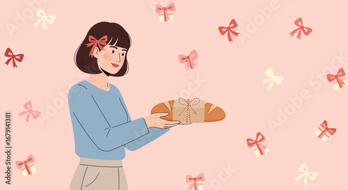 Woman Offering Bread, Adorned With Ribbons, A Festive And Welcoming Gesture