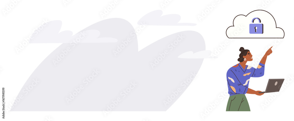 Obraz premium Woman holding laptop, pointing toward secured cloud with lock icon. Ideal for cybersecurity, data safety, cloud computing, online security, privacy, digital protection teamwork. Simple flat metaphor
