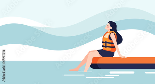Woman Resting On Platform Overlooking Water, Enjoying Serene Sunset, Vector Illustration