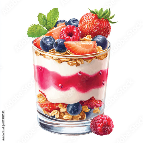 Colorful Layered Yogurt Parfait with Fresh Berries and Mint Garnish