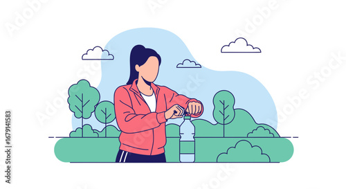 Woman Opening Water Bottle Outdoors After Exercise With Vector Illustration Design Style
