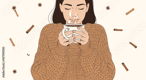 Woman Reveling In Cozy Warmth Of A Hot Drink And Aromatics In Winter Time