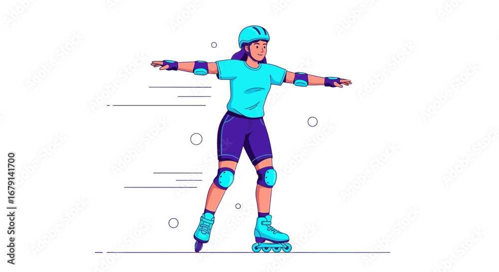 Obraz premium Woman Rollerblading Demonstrating Balance And Coordination With Protection On a White Background