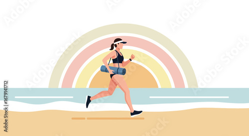 Woman Running By The Beach With Yoga Mat During The Afternoon Sunshine