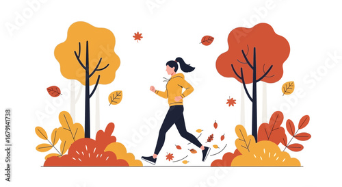 Woman running in autumn park, vector illustration, healthy lifestyle and seasons