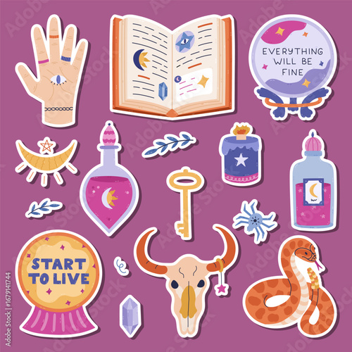 Lovely cartoon supernatural and enchanted sticker set for planners, notebooks, scrapbook. Ready for print list of cute doodle of palm with all seeing eye, crystal ball, cow skull, snake, potion.