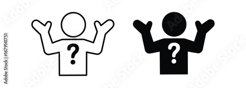 Confused person icon with a question mark on their shirt expressing uncertainty or ignorance in business strategy or personal life challenges, available in both line and solid styles