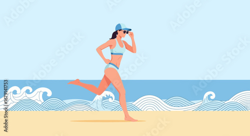 Woman Running Energetically Along Beach Shoreline, Enjoying Summer Sunlight, Vector Art