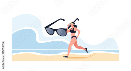 Woman Running on Beach in Summer with Sunglasses Illustration