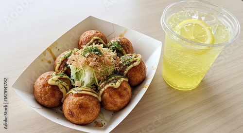 Classic deep-fried corn dog with yellow mustard, served with refreshing iced coffee and a side of creamy cheese sauce, ideal for a quick and satisfying snack