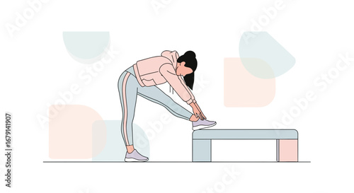 Woman Performing Exercise Stretching Her Leg On A Low Platform Illustrated Exercise Routine