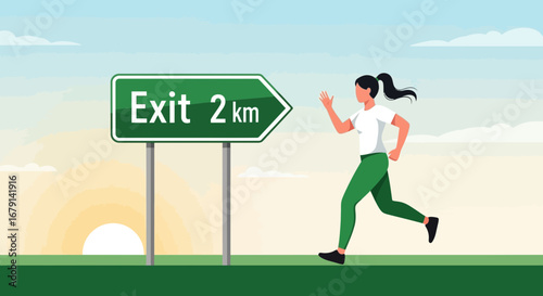 Woman Running Towards Direction Sign Indicating Exit Two Kilometers Away From Sunrise