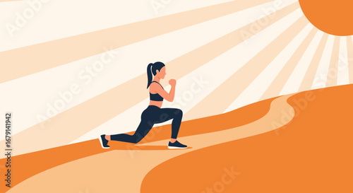 Woman Performing Lunge Exercise Under Bright Sun, Healthy Lifestyle Illustration Concept