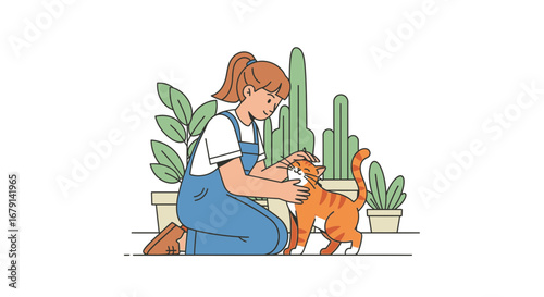 Woman petting a cat in front of plants illustrates a moment of love and care