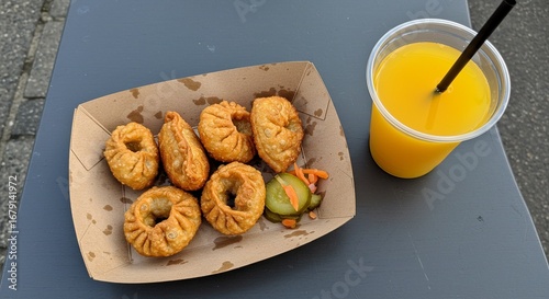 Savory Fried Dumplings and Orange Juice A Delicious Street Food Combo