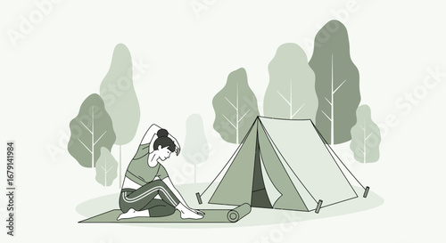Woman Performs Stretching Poses Next To Tent In Campground With Tall Trees