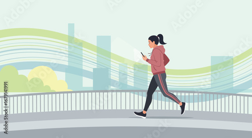 Woman running while using her cell phone outside in a city during morning time