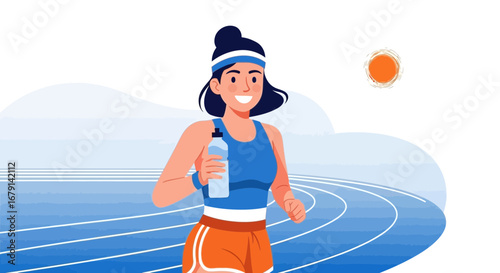Woman Runs with Water and Smiles on a Track, Promoting Health and Fitness