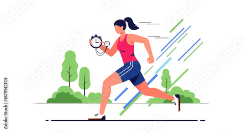 Woman Running with Stopwatch in Hand: Illustrative Concept of Health, Time, and Speed