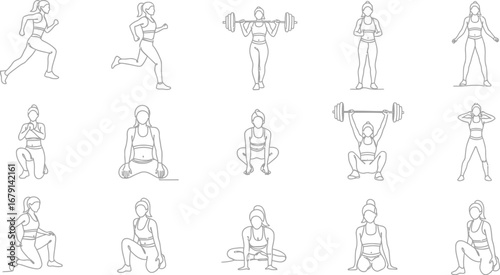 Collection of fitness and exercise line art illustrations isolated on a white background showcasing various workout routines and poses