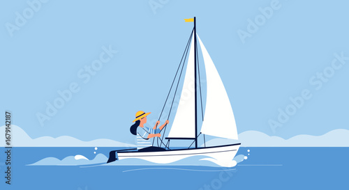 Woman sailing a yacht on the ocean during the summer vacation leisure time outdoors