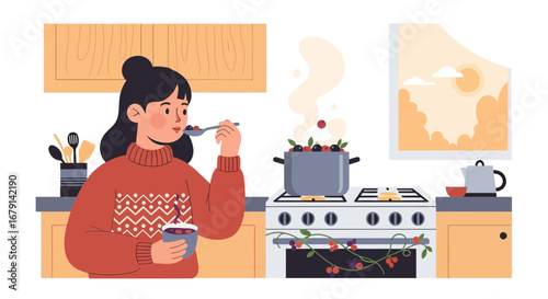 Woman Sampling Freshly Made Stew And Drinking Soup Near Bright Stove With Warm Light