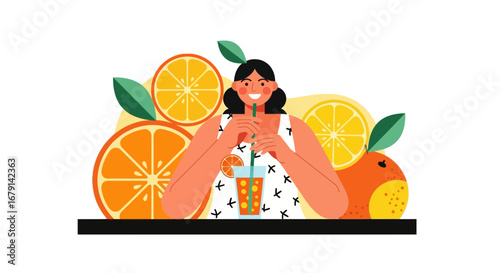Woman Savoring Orange Juice with Fresh Fruit in Illustration Style Graphic Design