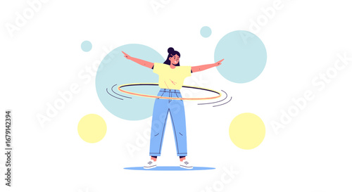 Woman playing with a hula hoop standing in front of circles creative vector design