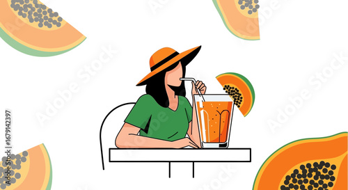 Woman Savoring Papaya Beverage: Refreshment And Fruity Leisure In A Graphic Illustration