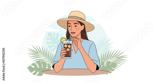 Woman Savoring Refreshing Drink in Tropical Oasis, Illustrated Summer Relaxation