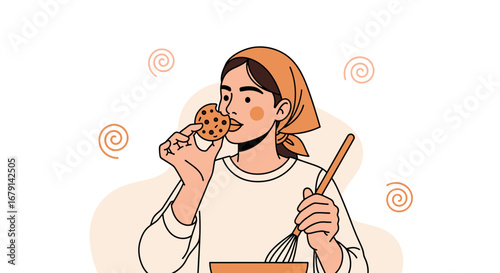 Woman Savors Newly Baked Treat While Cooking, Enjoying the Delightful Homemade Cookie