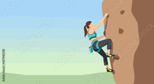 Woman Scaling Rock Face In Vector Style with Sky And Green Field Background