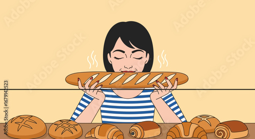 Woman Savors The Aroma Of Freshly Baked Bread, Surrounded By Varied Pastries