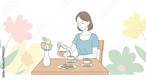 Woman Pouring Beverage And Enjoing Quiet Moments In A Relaxing Floral Setting