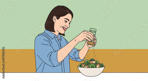Woman Seasoning Ingredients In Kitchen, Artistic Illustration Showing Healthy Cooking Lifestyle