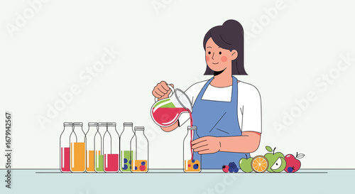 Woman Pouring Fresh Juice Into Bottles, Healthy Lifestyle Concept, Fresh Fruits and Vegetables