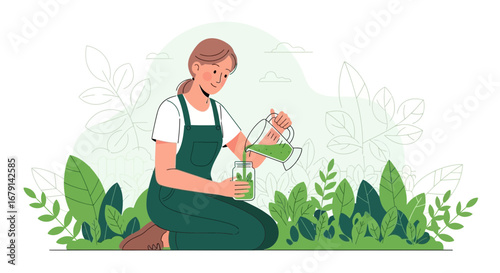 Woman Pouring Green Drink Into a Jar in a Natural Garden Environment Illustration