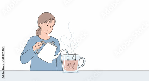 Woman Pouring Hot Water Into Mug With Tea Infuser Preparing A Beverage.