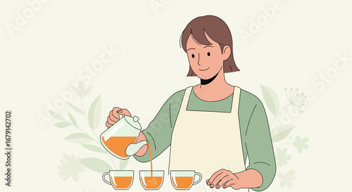 Woman Pouring Tea in Cups in a Vintage Artistic Illustration Creating Serene Ambiance