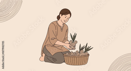 Woman Selecting Ginger In A Wicker Basket For Natural Herbal Remedy Recipe