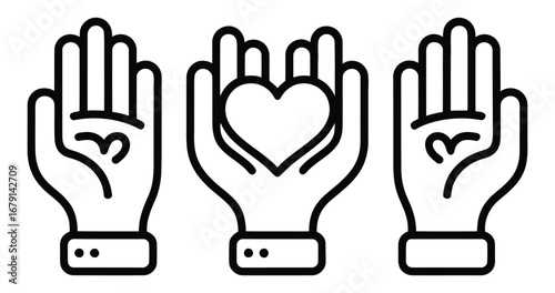 hands holding heart care icon set. minimalist line art vector for love, giving, and kindness, support