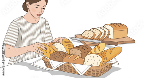 Woman Selecting Variety of Bread From a Basket for Breakfast Illustration