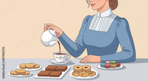 Woman Pouring Tea With Various Treats, Delightful Moment In Afternoon Sipping