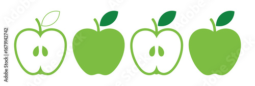 Collection of stylized vector apple icons in green colors on a white background ideal for designs
