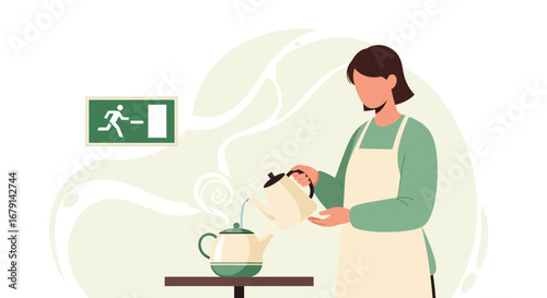 Woman Pouring Tea, Decorative Illustration With Emergency Exit Sign, Minimalist Art