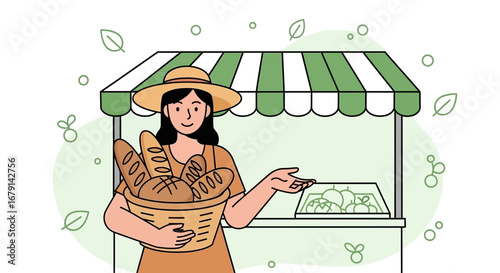 Woman Selling Freshly Baked Bread at a Market Stall with Fruits and Vegetables