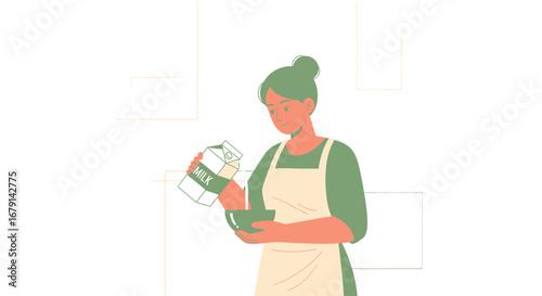 Woman Pours Milk Into A Bowl Preparing Food In Her Kitchen For A Healthy Diet