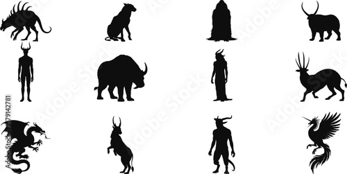 Collection of mythical creature silhouettes on white background